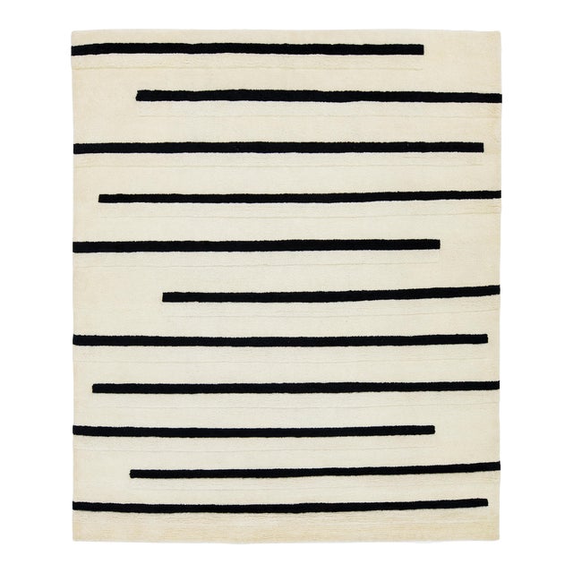 Modern Ivory Moroccan Style Wool Rug With Striped Design For Sale