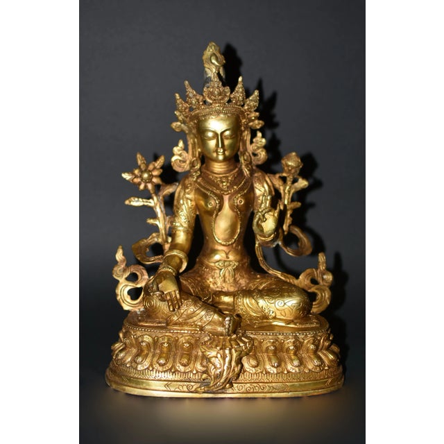 A beautiful gilt bronze statue of Tibetan Green Tara. The goddess is seated in lalitasana on an elaborately incised...