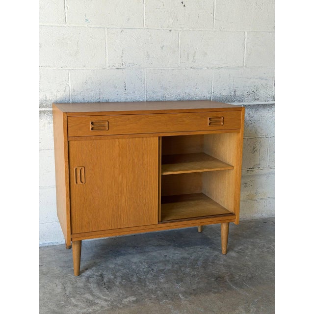Brown Oak Sideboard Credenza With Sliding Doors and Top Drawer Vintage Mid-Century Modern 1960s For Sale - Image 8 of 10