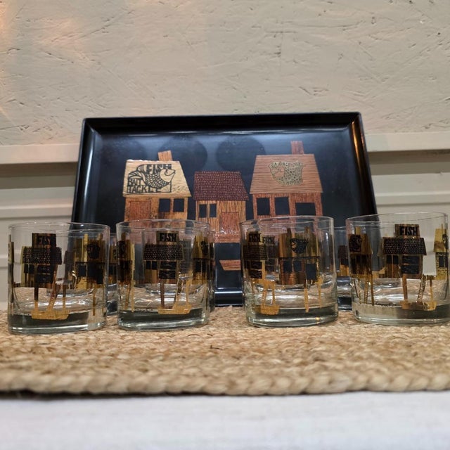 1950s Mid Century Modern Couroc Monterey Fish Rocks Glasses Set of 8 With Tray For Sale - Image 14 of 18