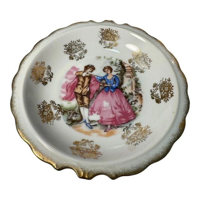 Vintage Japan Creamer and Saucer Courting Couple Victorian Scene Gold Gilt For Sale - Image 12 of 13