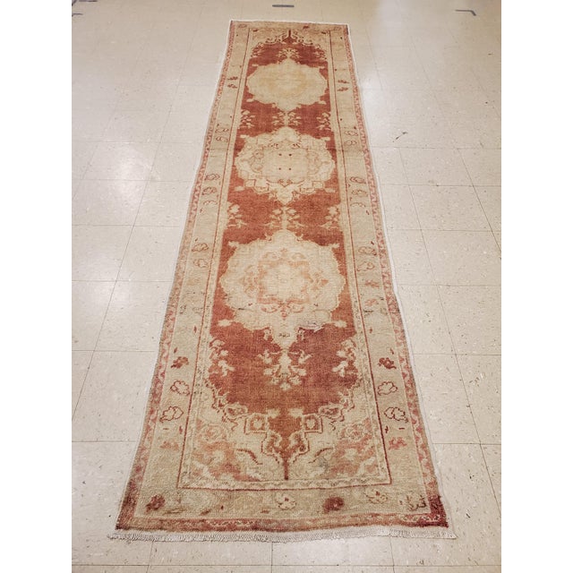 Antique Oushak Runner, Turkish and Oriental Rug, Handmade Beige and Orange Rug For Sale - Image 15 of 18