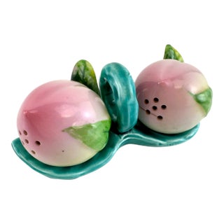 Mid 20th Century Japanese Peach Salt & Pepper Shakers With Leaf Tray For Sale