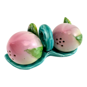 Mid 20th Century Japanese Peach Salt & Pepper Shakers With Leaf Tray