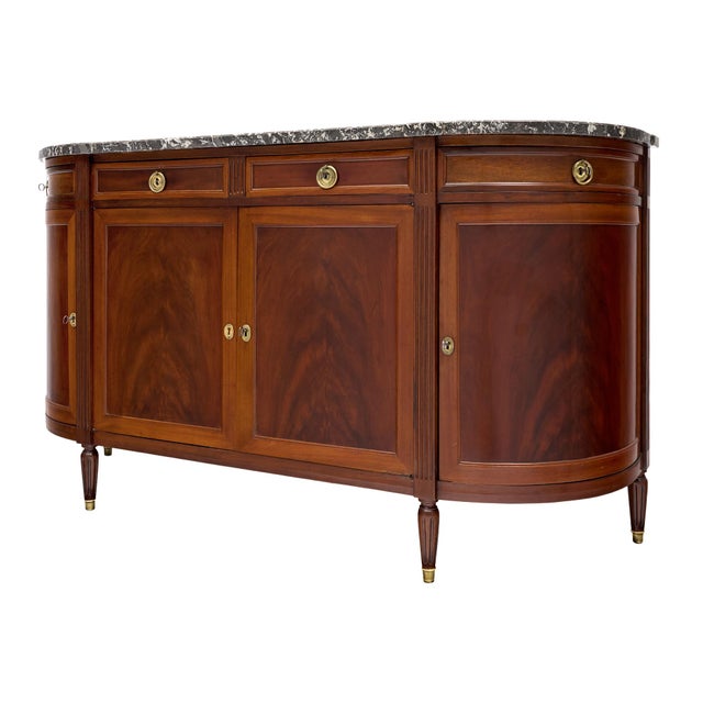 French French Louis XVI Style Flame Mahogany Enfilade With Sainte-Anne Marble, Circa 1900 For Sale - Image 3 of 9