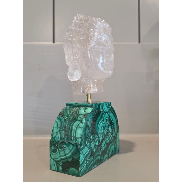 Carved Rock Crystal Buddha Head Figure Sculpture on Modern Malachite Base For Sale - Image 4 of 18