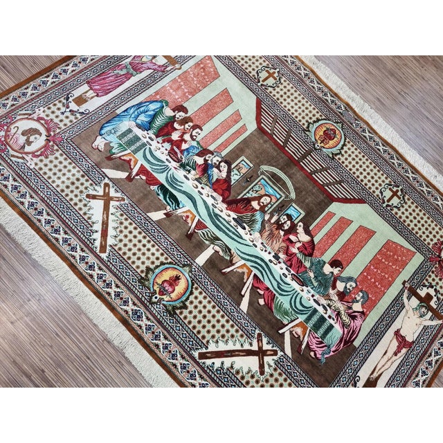 Beige Handmade Vintage Persian Style Qum Silk Rug 4.4' X 6.2', 1970s For Sale - Image 8 of 11