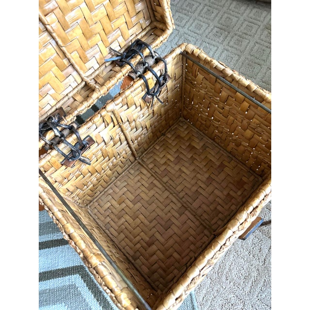 Vintage Woven Rattan Storage Box With Leather Closures | Lidded File Box, Custom Designer Fabric Lined Interior, Boho Coastal Decor For Sale - Image 10 of 12