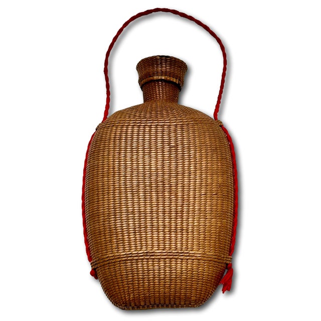 American Excellent Antique Hand Woven Basket Weave on Blown Glass Bottle Flask With Cork Stopper Top - Circa Late 1800s For Sale - Image 3 of 18