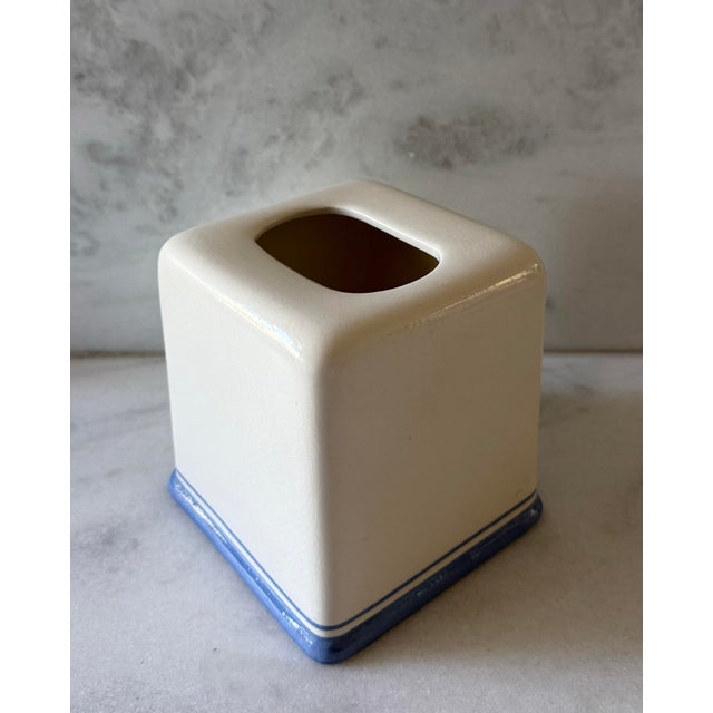 Farmhouse Vintage Ivory and Blue Ceramic Tissue Box Cover For Sale - Image 3 of 8