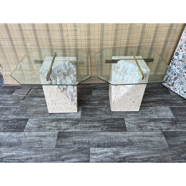 Metal A Pair of Post Modern Tessellated Mactan Stone Side Tables. Circa 1980s For Sale - Image 7 of 17