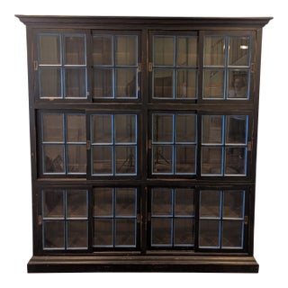 Bramble Co Distressed Mahogany Black Bookshelf With Sliding Glass Doors For Sale