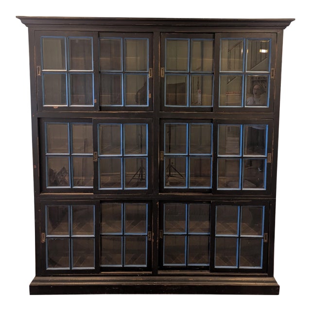 Bramble Co Distressed Mahogany Black Bookshelf With Sliding Glass Doors For Sale