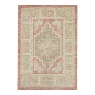 Turkish Oushak Rug Soft Coral & Olive Handwoven Wool Rug 2'11" X 4'3" For Sale