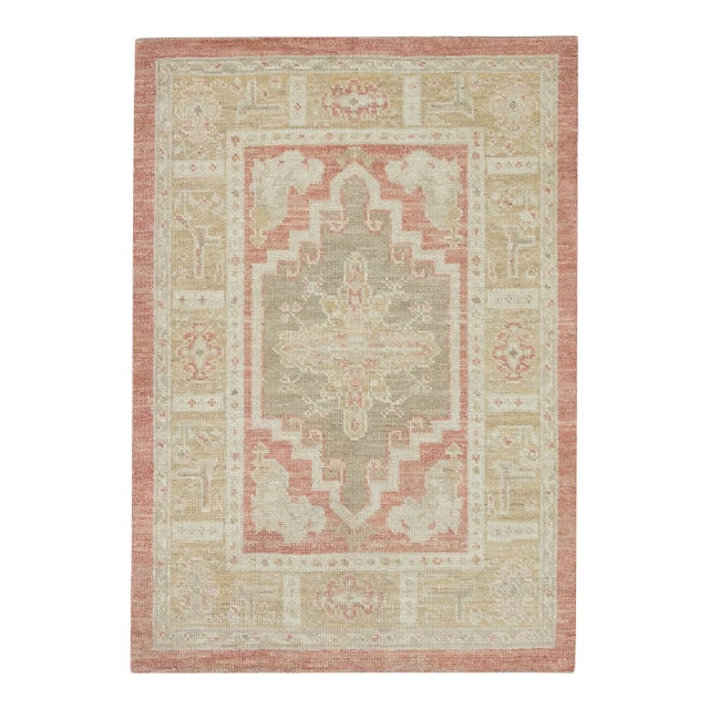Turkish Oushak Rug Soft Coral & Olive Handwoven Wool Rug 2'11" X 4'3" For Sale