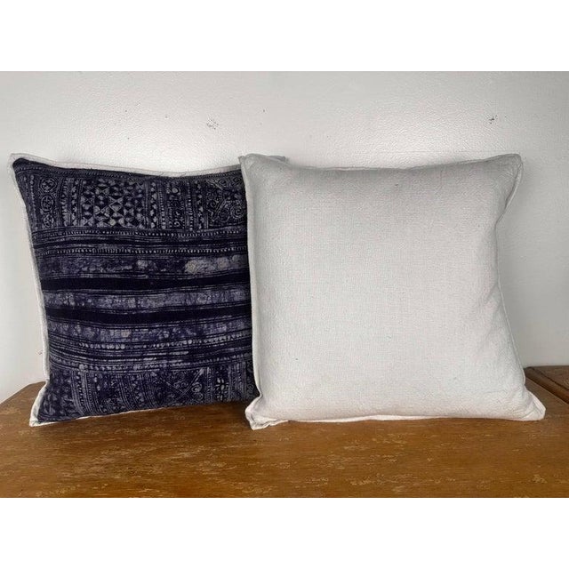Distressed Blue and White Batik Pillows, Cotton and Linen, India For Sale In Los Angeles - Image 6 of 8