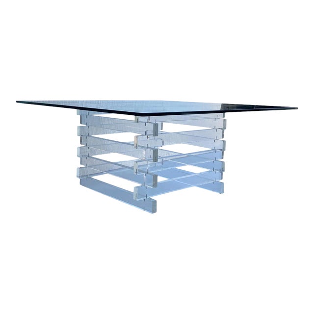 1970s Square Stacked Lucite Glass Top Coffee Table For Sale