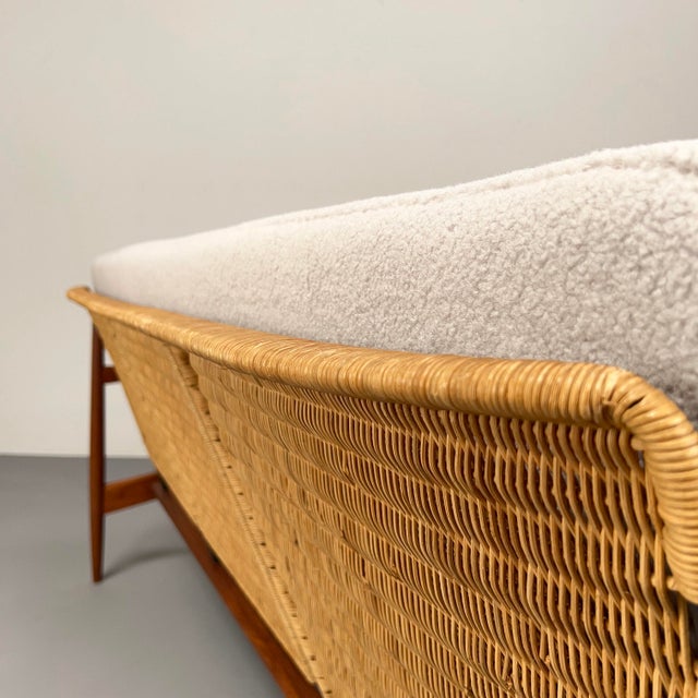 3-Seater Teak Sofa with Rattan Backrest & Bouclé Cover by Carl Straub / Goldfeder, Germany, 1960s For Sale - Image 10 of 14