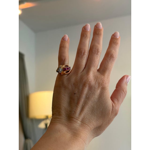 Metal 0.60Ct Natural Invisible Set Ruby & Diamond 14 Karat Rose Gold Pinky Ring Size 4 For Sale - Image 7 of 8