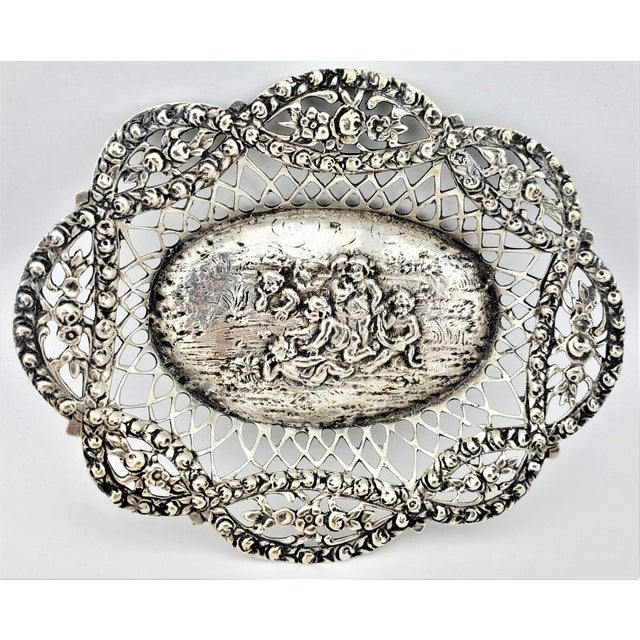 Antique 1910s Austrian 800 Silver Repoussé Tray With Cherubs & Openwork Floral Border For Sale In Los Angeles - Image 6 of 12