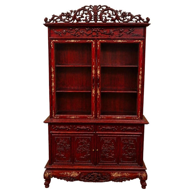 Carved and Gilded Red Lacquered Wood Bookcase, 1890s For Sale - Image 9 of 9