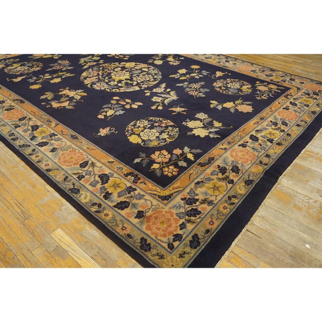 Textile 1920s Navy Floral Deco Antique Chinese Peking Handknotted Wool Rug 9' 7" X 13' For Sale - Image 7 of 8