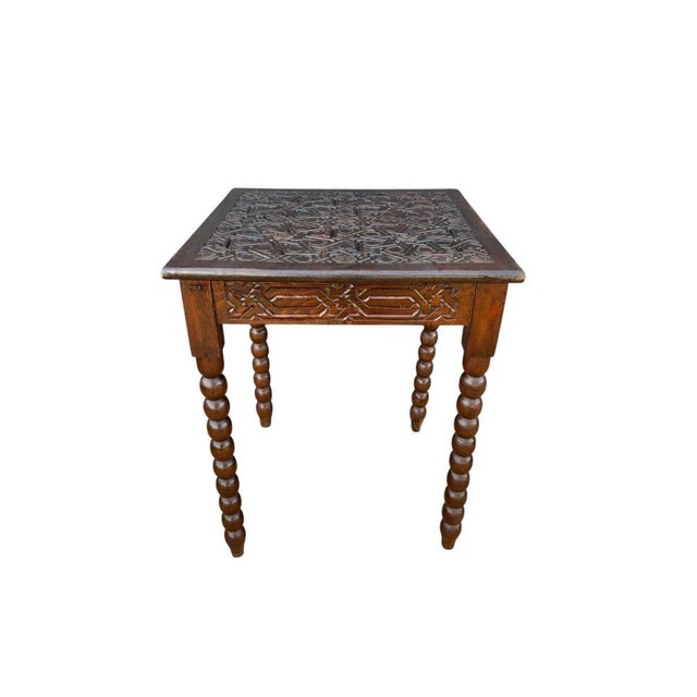 Spanish Barley Twist Side Table with Geometric Carved Top, 1930s For Sale - Image 11 of 11