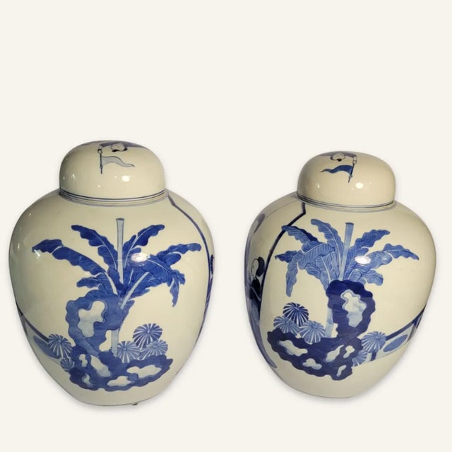 This pair of late 18th/early 19th century blue and white porcelain Chinese covered jars has a bookend orientation, which...