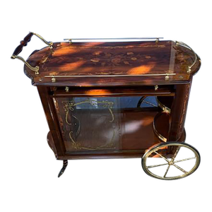 Italian Rosewood 1970s Bar Cart Brass Gallery, Glass Doors.