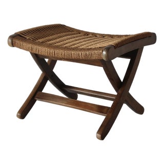Mid-Century Danish Modern Hans Wegner Style Wood Rope Cord Folding Stool Ottoman For Sale