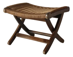 Mid-Century Danish Modern Hans Wegner Style Wood Rope Cord Folding Stool Ottoman