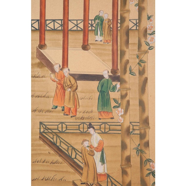 Wood Chinoiserie Hand-Painted Four Panel Screen With Pagodas and Flowers For Sale - Image 7 of 10