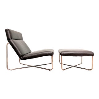 Minimalist Leather & Chrome Lounge Chair + Ottoman For Sale