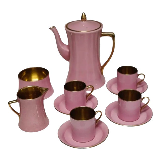 1940s Carlton Ware Pink Demitasse Set With Gold Gilt Trim- 11 Pieces For Sale