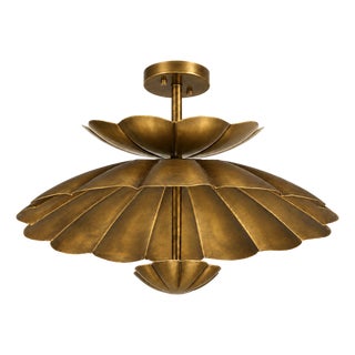 Handmade Brass Lotus Ceiling Light, Antique Brass Scalloped Semi Flush Mount, Floral Ceiling Fixture for Bedroom, Hallway & Living Room For Sale