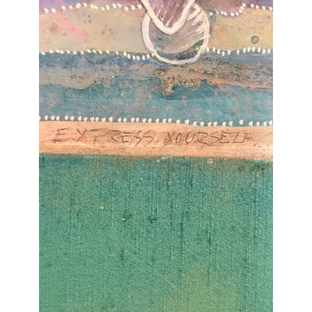 Abstract “Express Yourself” Vintage 1989 Tom Roll Abstract Mixed Media Painting in Teal Frame, 18" X 20" For Sale - Image 3 of 9
