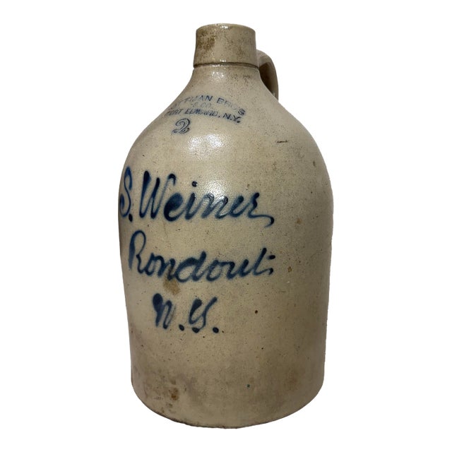 Antique 1800s Antique Ottman Bros. Ny Stoneware Salt Glazed Cobalt Pottery 2 Jug For Sale