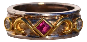 The 190th Avenue: Carre Cut Natural Ruby and Round Brilliant Cut Natural Diamond Two Tone Band