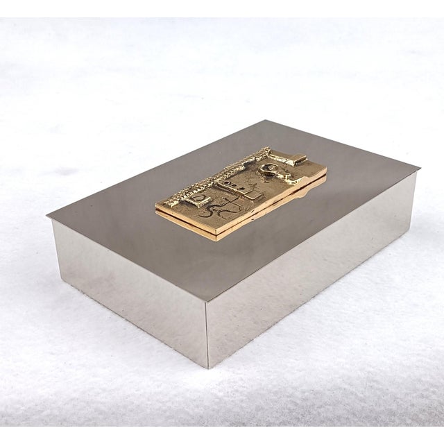 Black Chromed Metal Box with Carved Gilded Bronze Plate, 1980s For Sale - Image 8 of 8