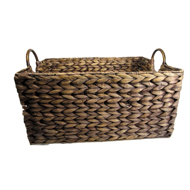 Vintage Water Hyacinth Woven Reed Basket + Brass Handles For Sale - Image 9 of 11