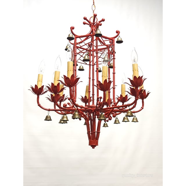 Immense Vintage Italian Tole Faux Bamboo Pagoda Lattice Brass Bell Chandelier ~ Rewired ~ Restored ~ Rejuvenated ~ Ready to Hang ~ For Sale - Image 10 of 12