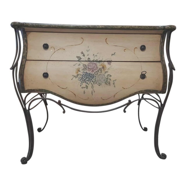 Hand-Painted Bombe Chest With Wrought Iron Legs – Elegant Curved Design For Sale