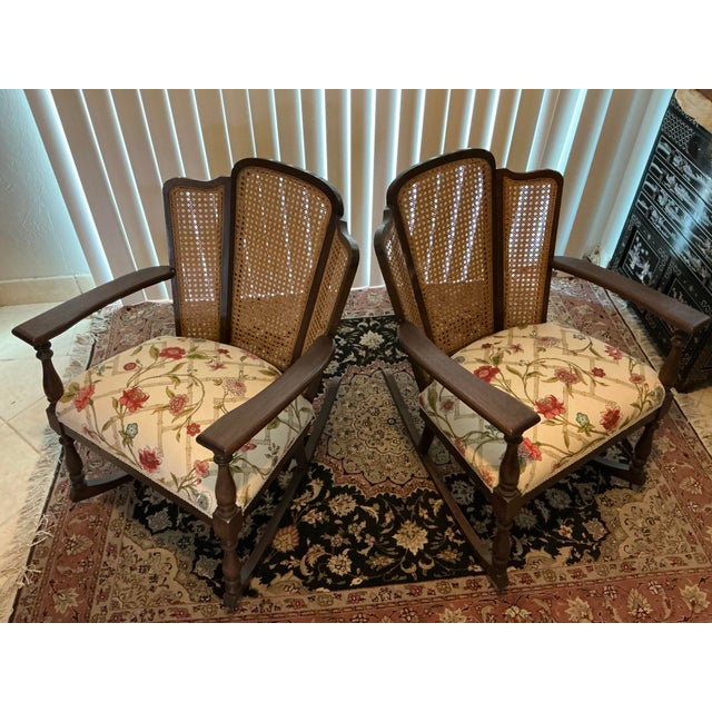 Wood Pair of Vintage Cane‑Back Floral Rocking Armchairs For Sale - Image 7 of 12