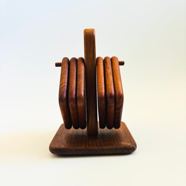 Mid-Century Modern Mid Century Teak Hanging Coaster Set - Set of 6 Coasters With Holder - 1970s For Sale - Image 3 of 14