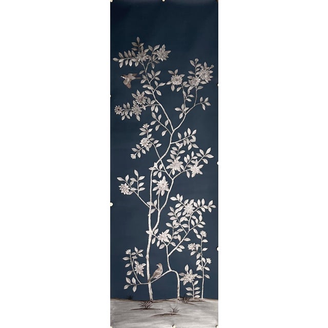 Custom Hand-Painted Mural | Chinoiserie Navy Floral Tree Bird Wallpaper Covering For Sale - Image 4 of 10