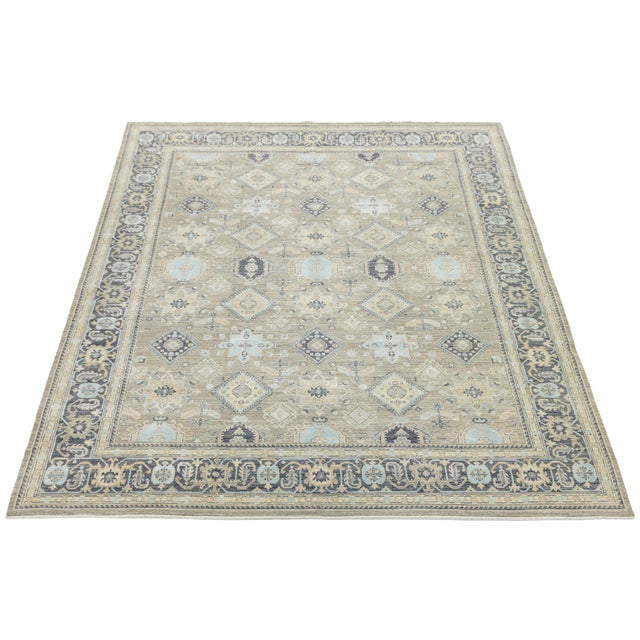 Modern Oushak Style Hand-Knotted Wool & Silk Area Rug in Soft Beige and Blue For Sale - Image 11 of 12