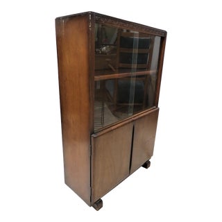 Mid Century English Oak Bookcase With Sliding Glass Doors For Sale