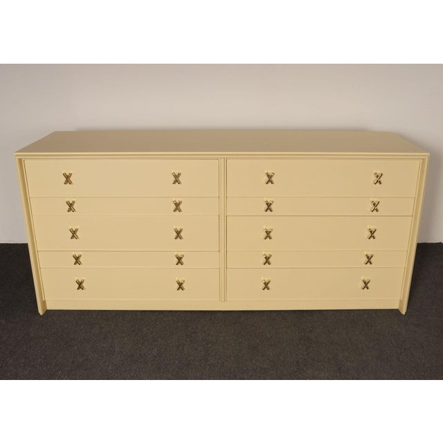 Vintage Ten Drawer Dresser Debonaire Cabinet With Brass X Pulls by Paul Frankl For Sale - Image 17 of 18