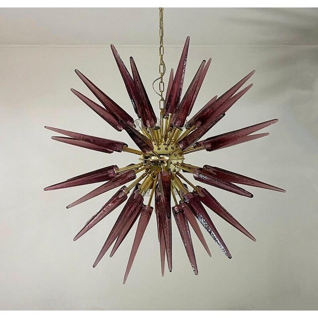 Metal Murano Glass Sputnik Chandelier, Italian Mid Century Modern Brass Light Fixture For Sale - Image 7 of 7