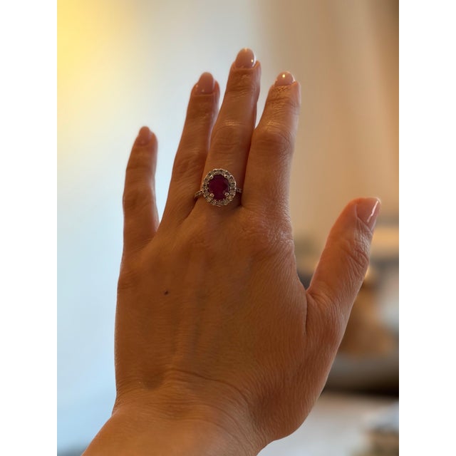 2020s 3 Carat Oval Treated Ruby & 1.25 Ct Diamond Ring 14 Karat White Gold Size 6 For Sale - Image 5 of 8